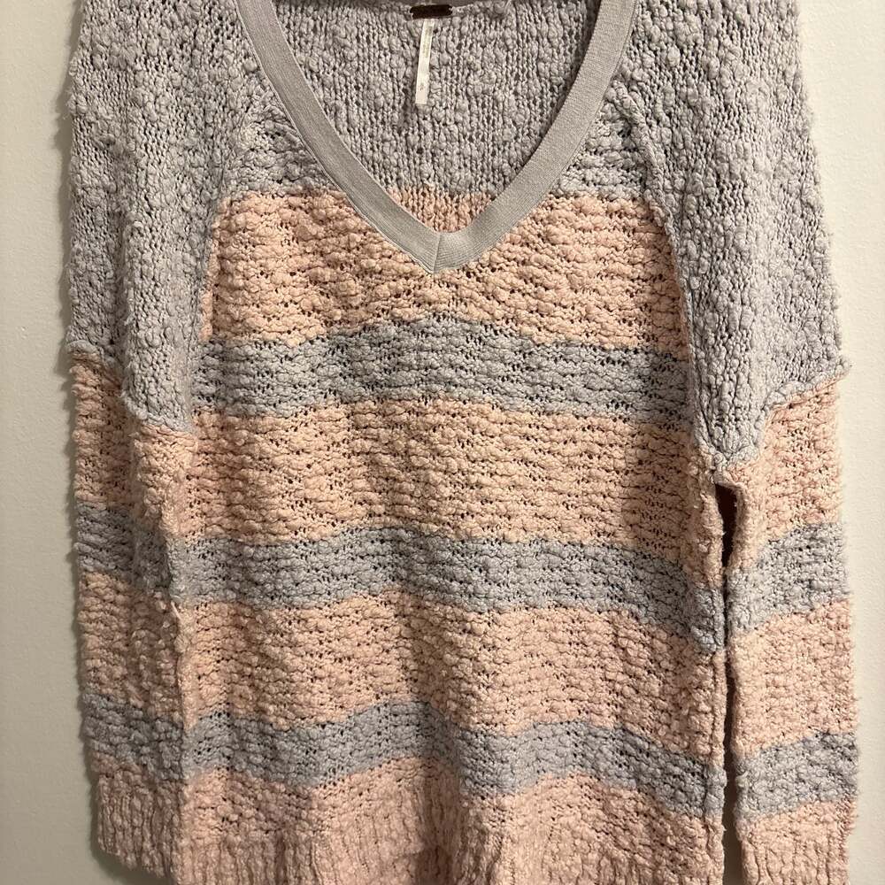 Free People Songbird Striped Boucle Knit V-Neck Sweater in Pink and Cream